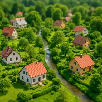 Luftbild mit einigen Einfamilienhäusern, viel Grün rings herum